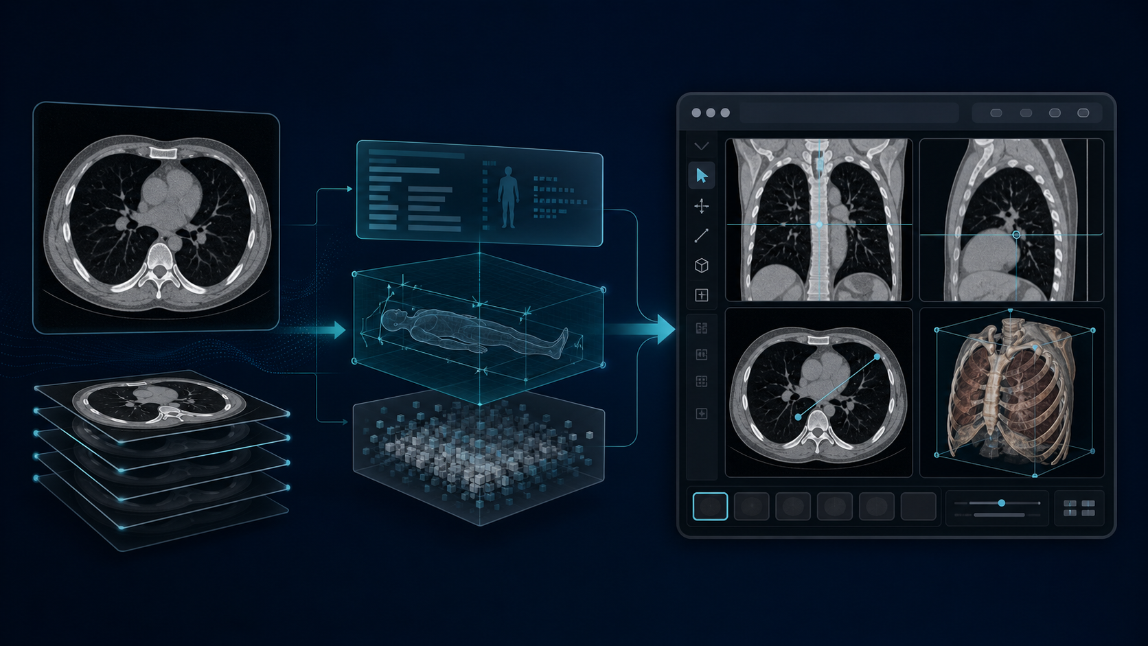 A synthetic CT scan moving through metadata and geometry layers into an interactive browser viewer