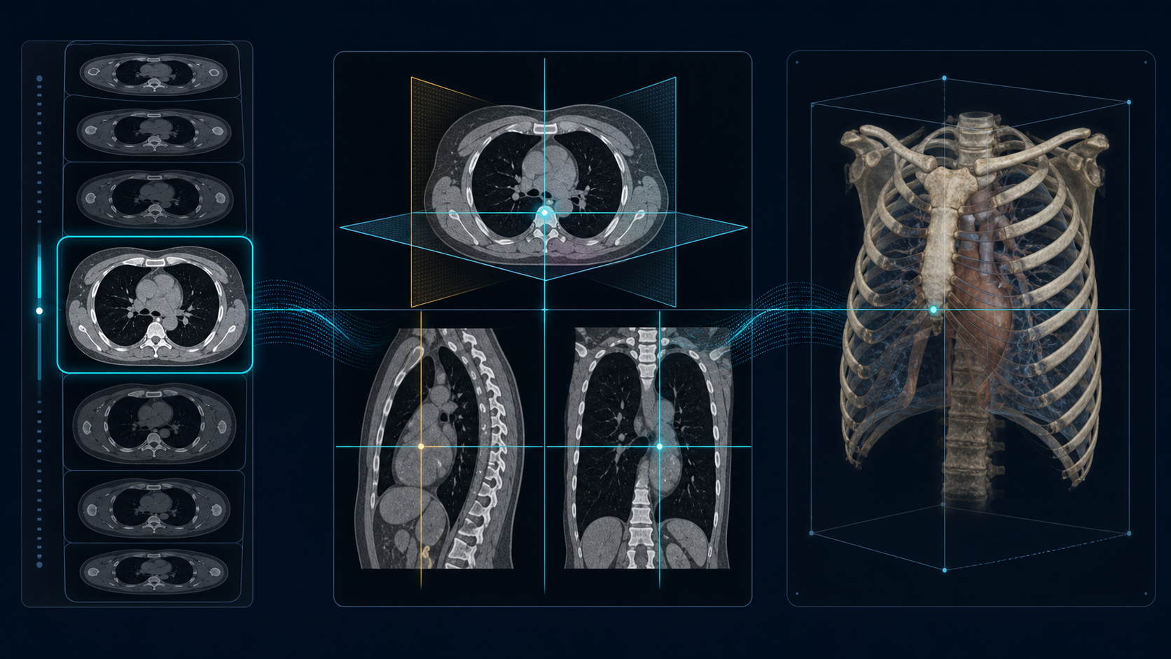 The same synthetic chest CT shown as a scrollable stack, multiplanar reconstruction, and a 3D volume